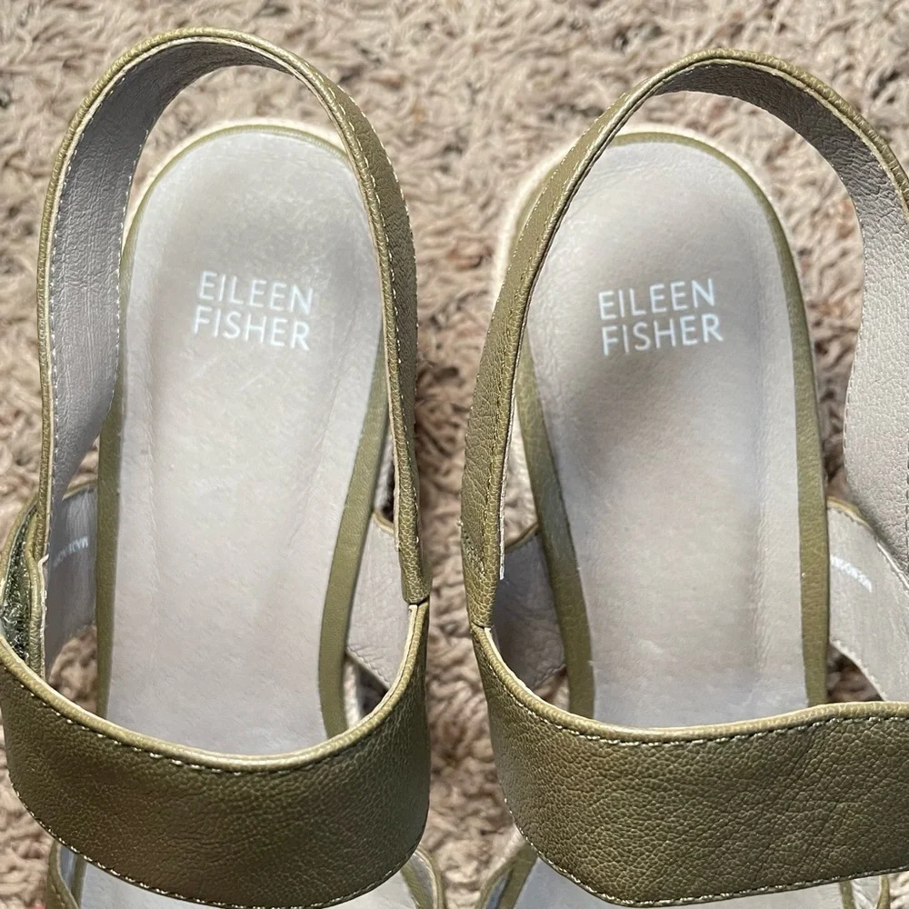 Eileen Fisher olive green tumbled‎ leather espadrilles wedge heel